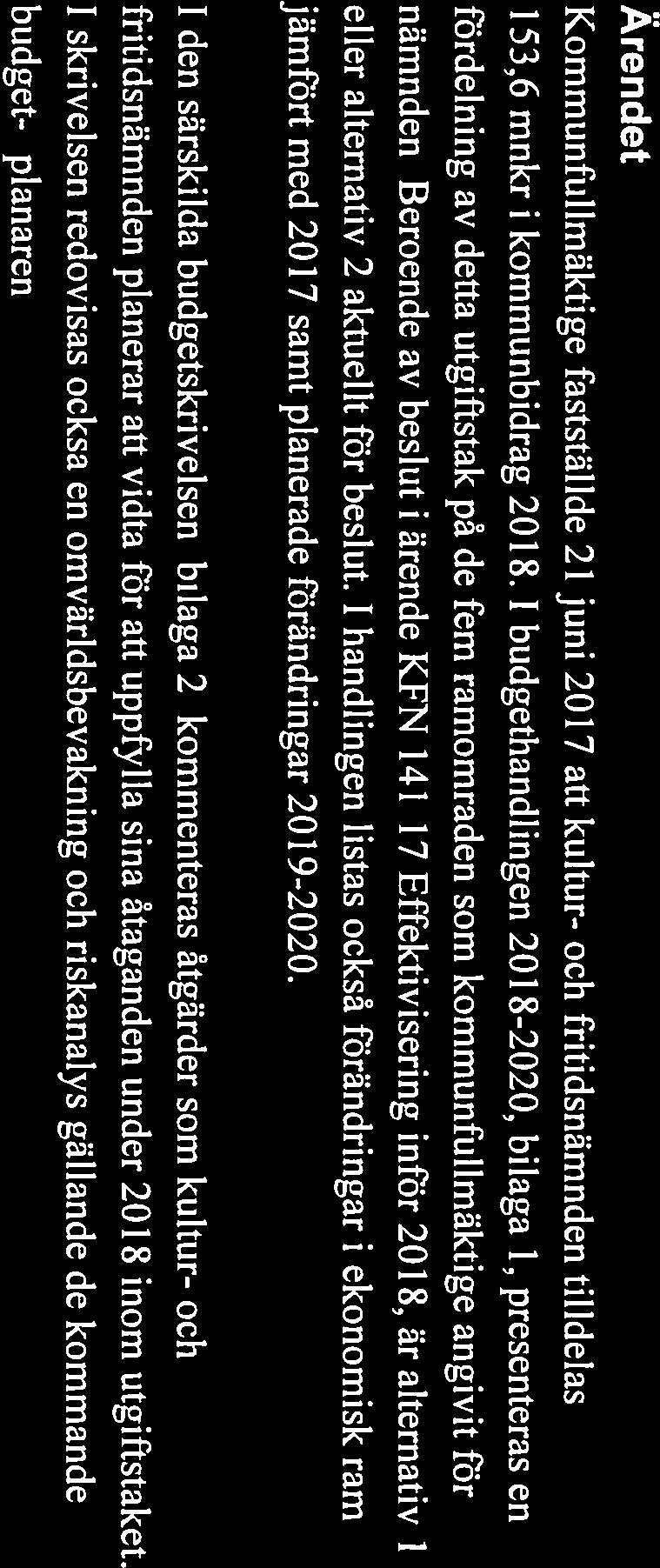 - - Kultur- SAMMANTRÄDESPROTOKOLL och fritidsnämnden 2017-09-21 74 KFN 129117 Kultur- och fritidsnämndens budget 2018 Beslut Budget 2018, bitaga 1 alternativ 2, med fördelning av utgiftstaket på