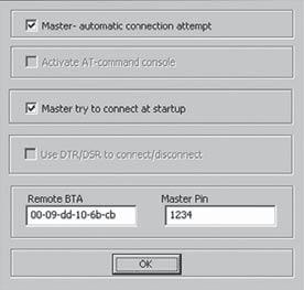 Sätt en bock framför Master - automatic connection attempt och Master try to connect at startup. I fältet Remote BTA finns adressen till den aktuella datorn.