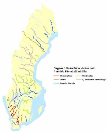 Förändringar av 100 årsflödet I samband med Klimat- och sårbarhetsutredningen genomfördes en beräkning av förändringar av 100-årsflödet i större vattendrag.