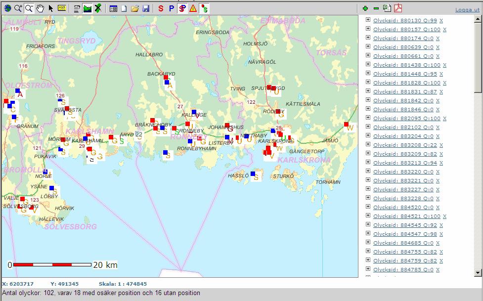 6. Presentation av resultat När sökningen är gjord presenteras resultatet i grundfönstret med kartan till vänster och en lista till höger. Se bild 26. 6.