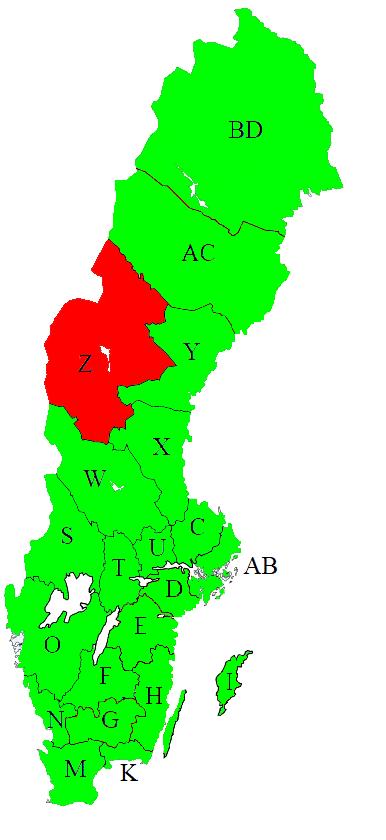 Länsbokstäver AB AC BD C D E F G H I K M N O S T U W X Y Z Stockholms län Västerbottens län Norrbottens län Uppsala län Södermanlands län Östergötlands län Jönköpings län Kronobergs län Kalmar län
