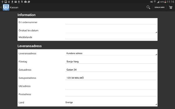 Kassasidan När du har handlat klart och godkänt din varukorg går du till kassan. Där visas varukorgen på nytt och artiklar kan tas bort och antal ändras. I kassan anges leveransinformation med mera.