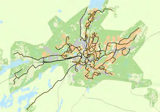 Högtrafik Lågtrafik Linjenätets yttäckning i hög- respektive lågtrafik.