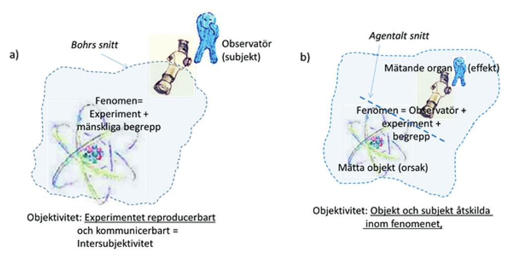 sammanflätade med varandra och å andra sidan den makroskopiska nivån där den klassiska fysiken gäller. Människans experimentuppställning utgör enligt Bohr en gräns mellan dessa båda nivåer.