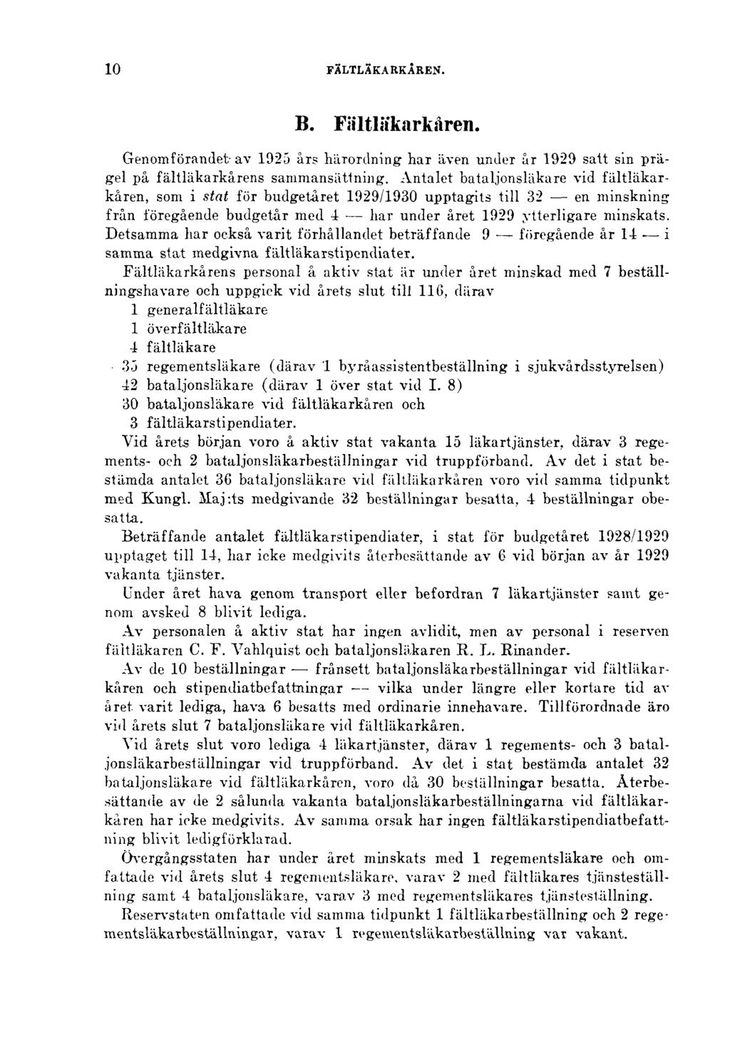 10 FÄLTLÄKARKÅREN. B. Fältläkarkåren. Genomförandet av 1925 års härordning har även under år 1929 satt sin prägel på fältläkarkårens sammansättning.