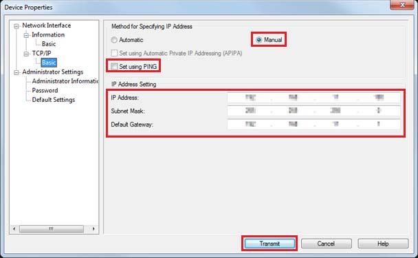 Installation E Konfigurera skrivarens IP address (IP-adress). Klicka sedan på knappen Transmit (Sänd). Välj Manual och Set using PING.