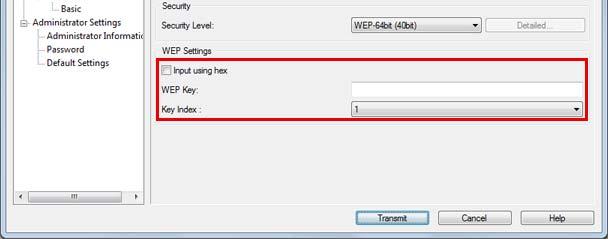 Installation Inställning Communication Mode: SSID: Channel: Transmission Rate: Security Level: Beskrivning Välj Ad Hoc. Ställ in SSID. Högst 32 alfanumeriska tecken kan användas. Välj kanal.