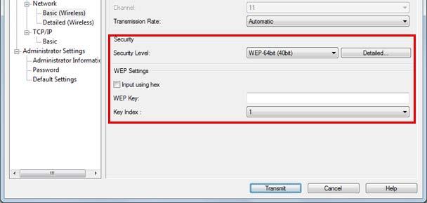 Installation Inställning Communication Mode: SSID: Transmission Rate: Security Level: Beskrivning Välj Infrastructure. Ställ in SSID. Högst 32 alfanumeriska tecken kan användas.