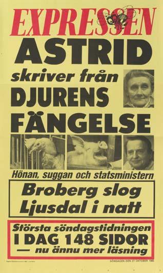 Fig 4.2. Det var så här det började. Löpsedel från Expressen den 27 oktober 1985. I en artikel 1986 hade Astrid Lindgren t.ex. fått besök av livstidsfångarna burhönan Lovisa och suggan Augusta.