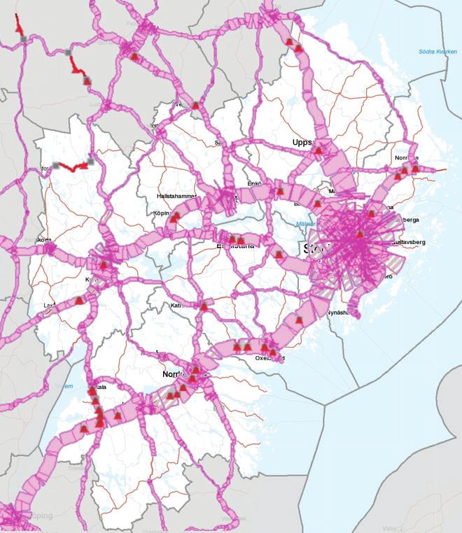 Trafikflöden i Östra Mellansverige Enligt Trafikverkets trafikflödesmätning är trafiken främst koncentrerad till E4 som går i nordsydlig riktning genom regionen.