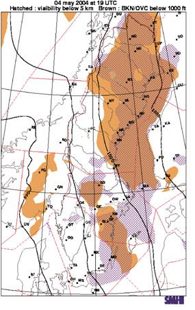 VFR-kartan VFR-kartan är en analys av vädret. Kartan uppdateras en gång per timme. Analysen grundar sig på aktuella observationer samt satellit- och radarinformation.