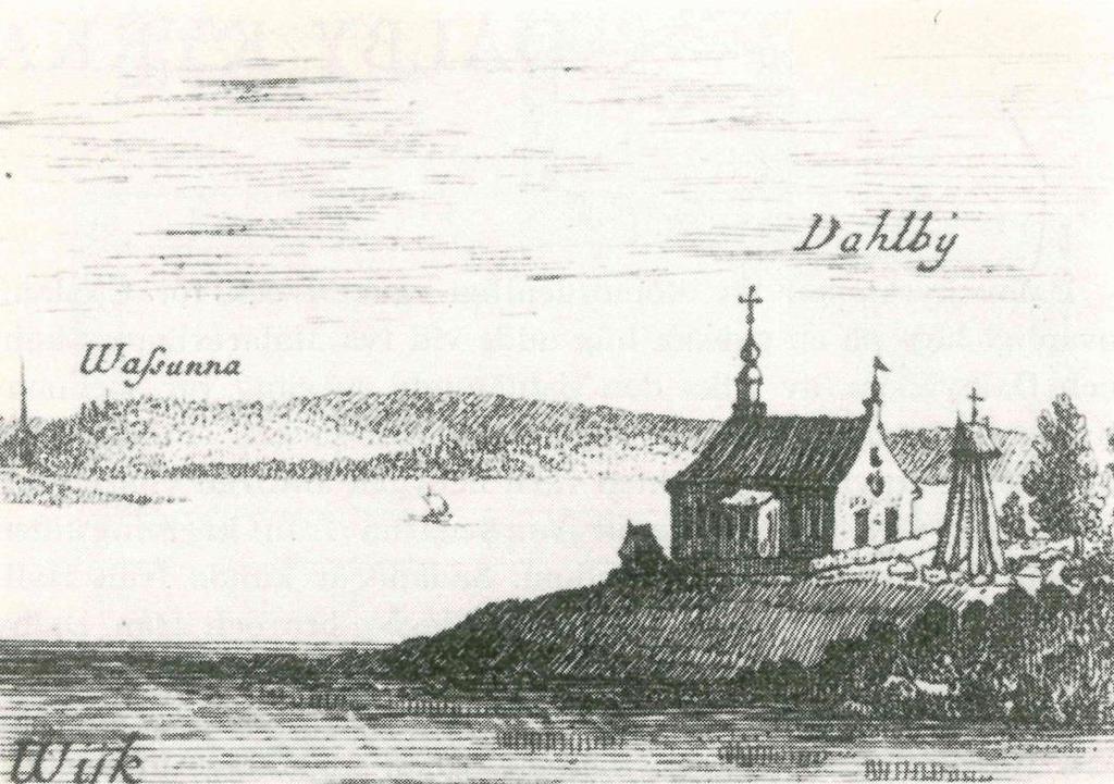 Figur 2. Dalby kyrka avbildad 1680 av Dahlberg. Kyrkan sedd från nordväst. Här har kyrkan två takryttare likt dagens kyrka.