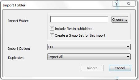 Det går även att importera filer med hjälp av knappen som ser ut som en pil som pekar nedåt. Om du har samtliga artiklar i en mapp: Välj File Import Folder, hämta din mapp med Choosekappen.