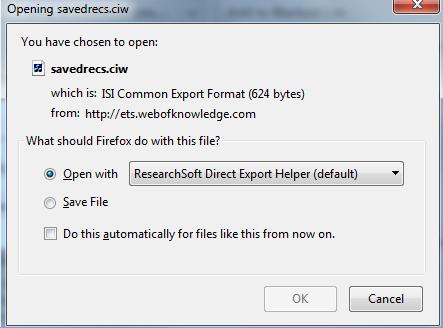 Referenserna importeras direkt till EndNote om du väljer förvalda Open with ResearchSoft Direct Export Helper.