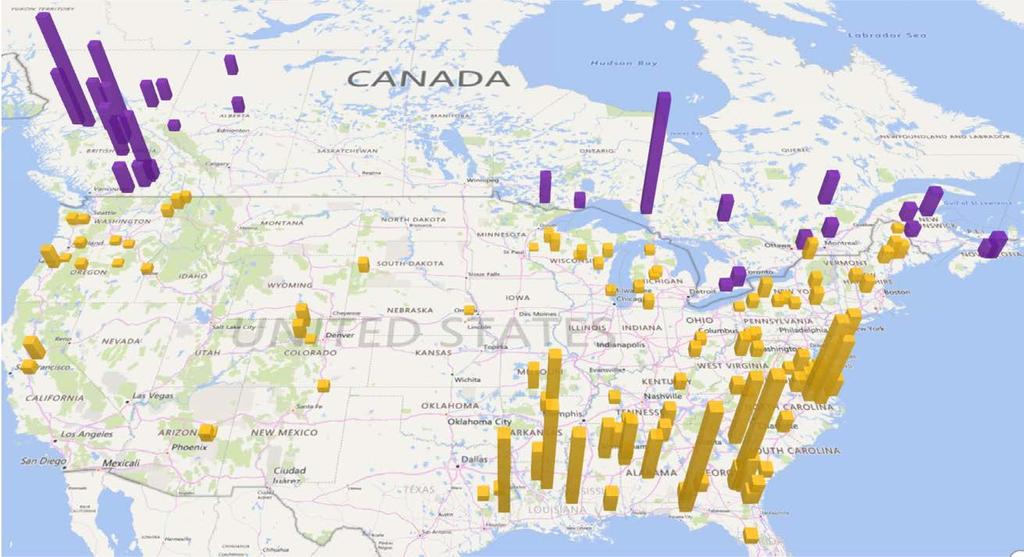 US and Canadian Wood Pellet Mills height of bar represents nameplate capacity Source: