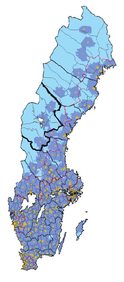 Strömsund Östersund Sveg Figur 19. Karta Områdestyper och tillgänglighet 12. Källa Glesbygdsverket Kartorna visar att de inomregionala skillnaderna är mycket stora.