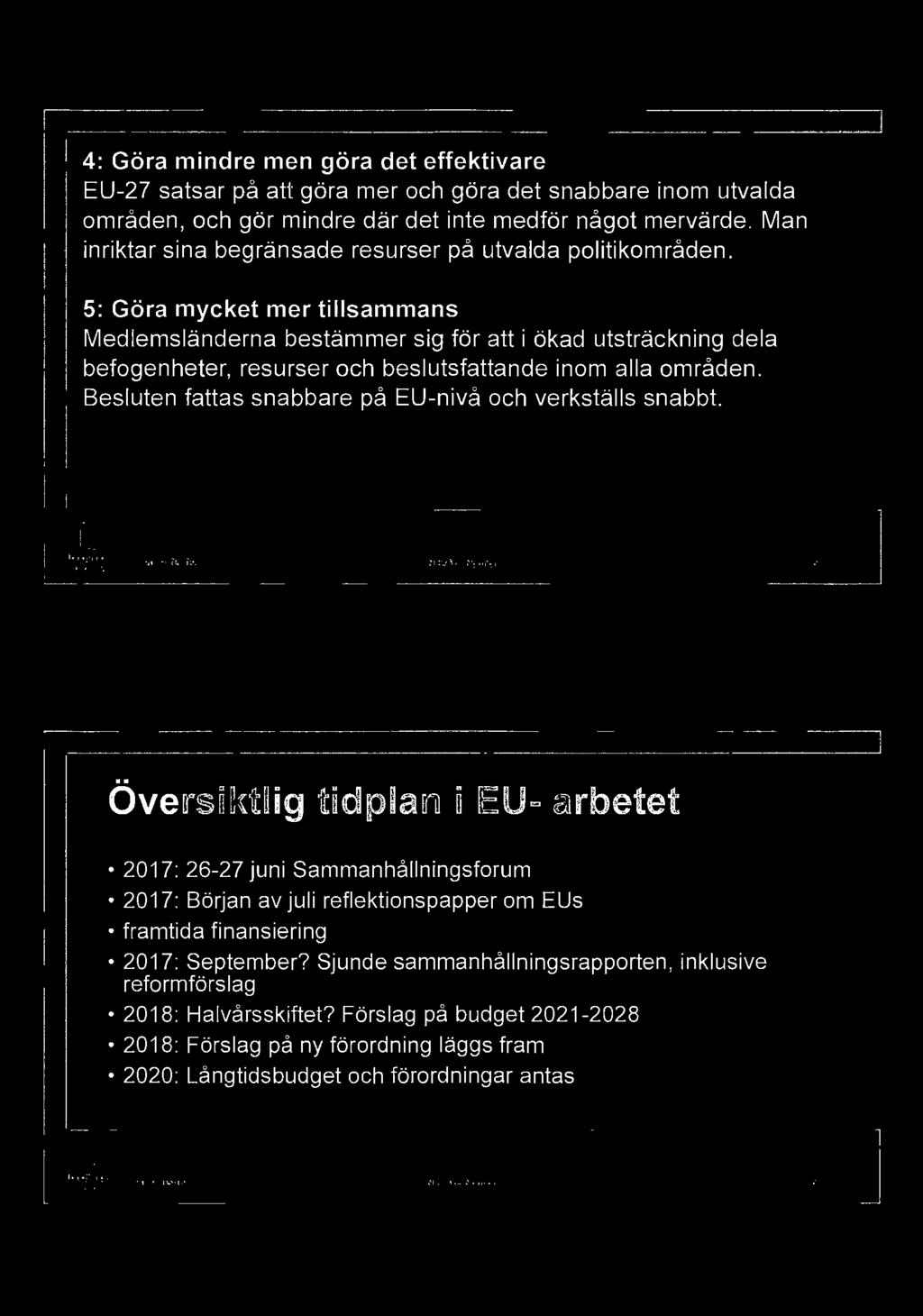 Oversiktlig tidplan i EU- arbetet 2017: 26-27 juni Sammanhållningsforum 2017: Början av juli reflektionspapper om EUs framtida