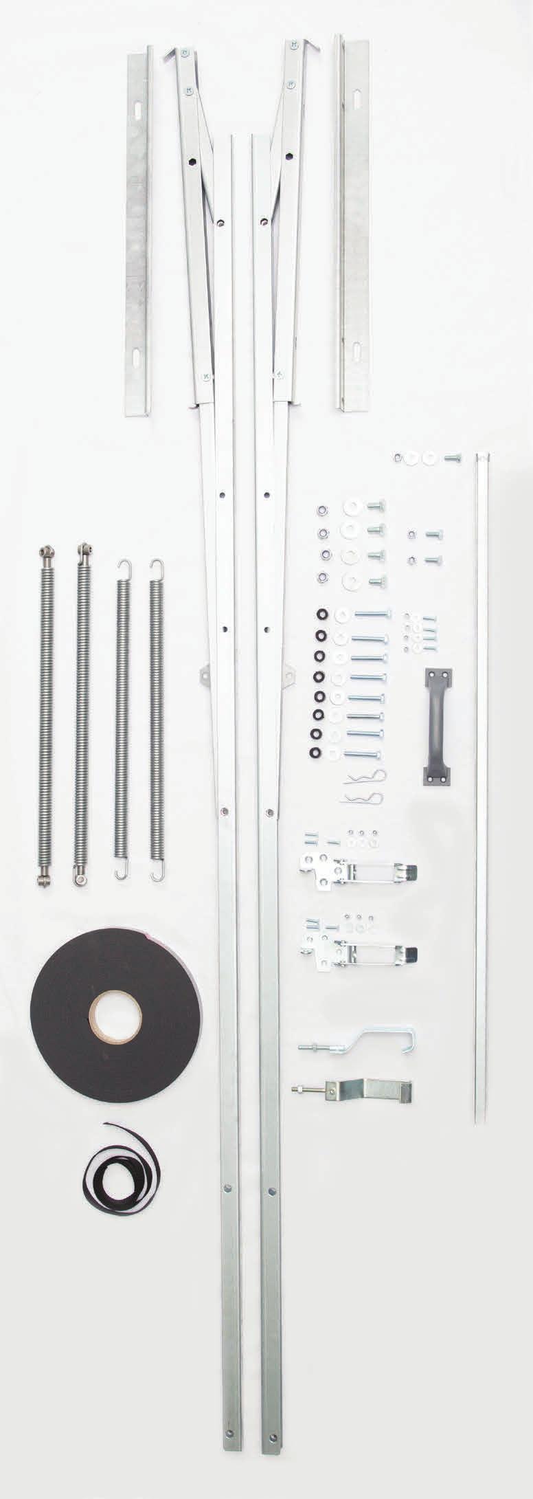 Monteringsseriens innehåll Lyftmekanismen och hjälpmedlen gångjärnsmekanismen 2 st (vänster och höger) gångjärnsstomme 2 st vindhake 1 st handtag 1 st krok + låsning 2+2 st tätningsrulle 1 st dragrem