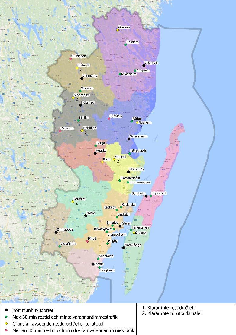 16 Av totalt 36 samhällen är det fyra (Gullringen i Vimmerby kommun, Kristdala i Oskarshamns kommun, Påryd i Kalmar kommun och Virserum i Hultsfreds kommun) som varken klarar kriteriet för restid
