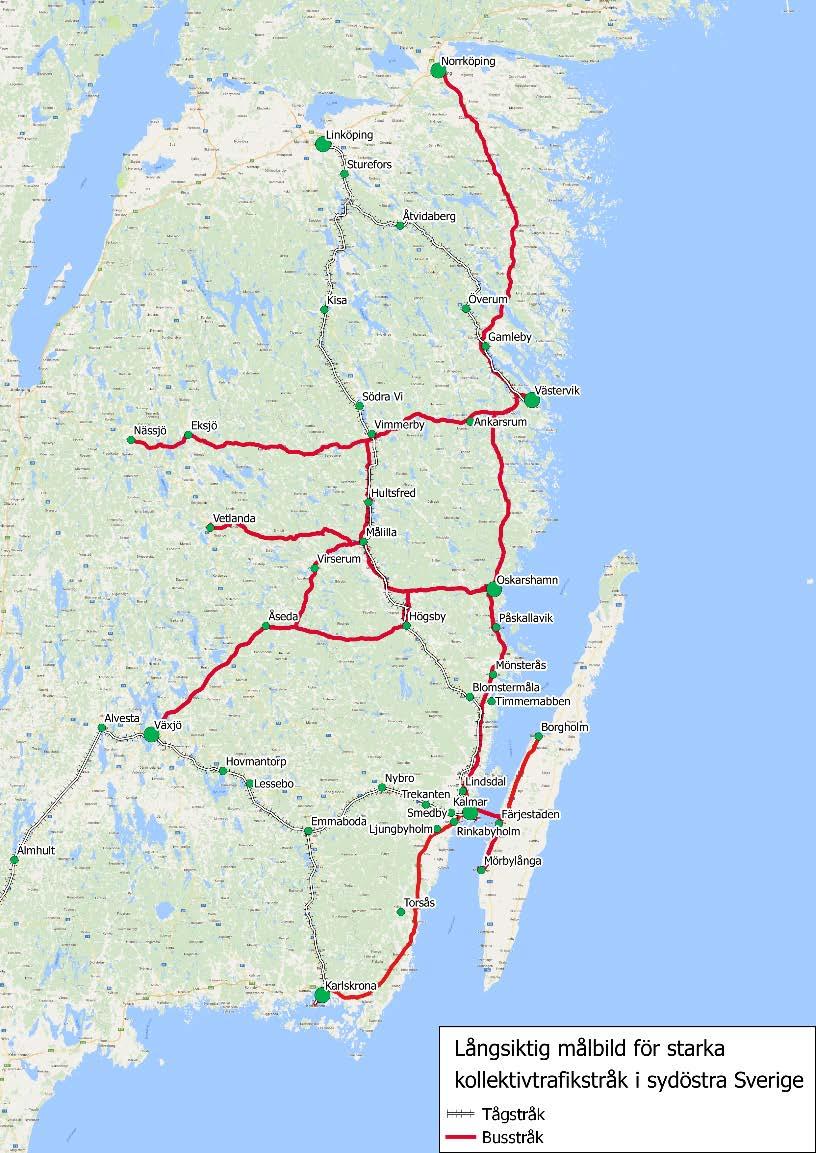 33 Tågtrafiken i de starka stråken byggs i första hand ut i befintlig trafik på befintliga banor, i andra hand i ny trafik på befintliga banor och i tredje hand i ny trafik på nya banor.