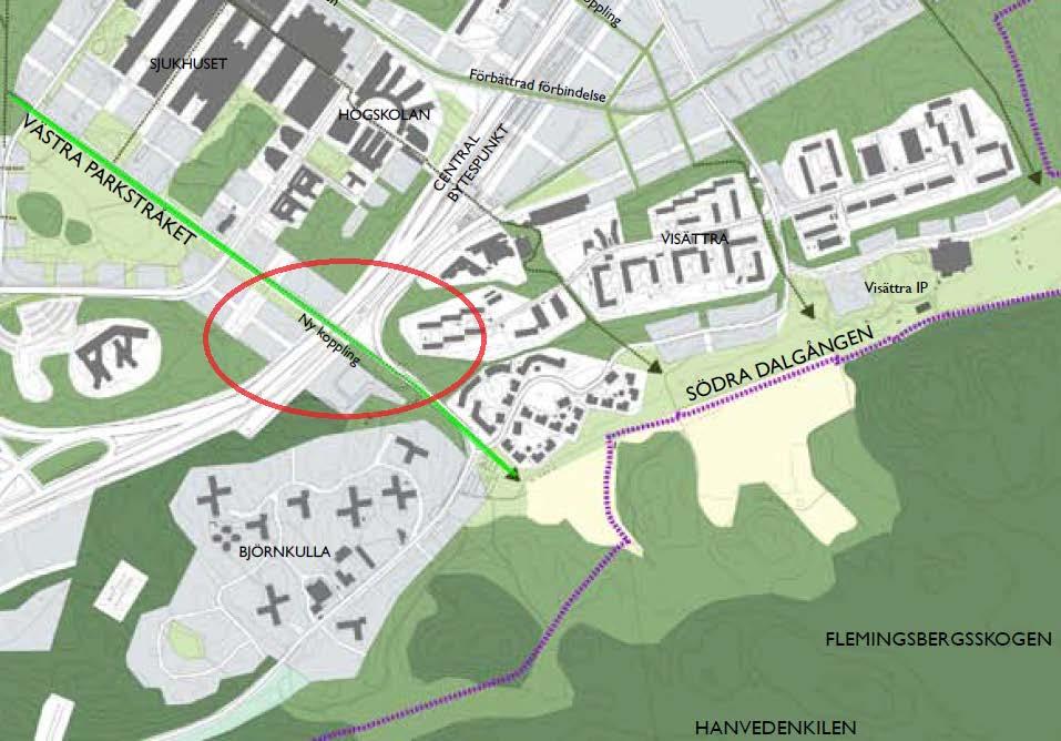 KS 2015-1707 15 (32) Kartan visar utdrag från den fördjupade översiktsplanen i Flemingsberg och den koppling som behöver stärkas, vilket planförslaget möjliggör med en gång- och cykelförbindelse över