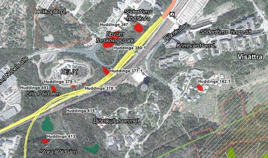 KS 2015-1707 20 (32) Figur över fornminnen i området Gestaltning Utformningen av Huddingevägen och trafikplatsen antas inte i samband med vägplanen utan kommer att fortsätta bearbetas under