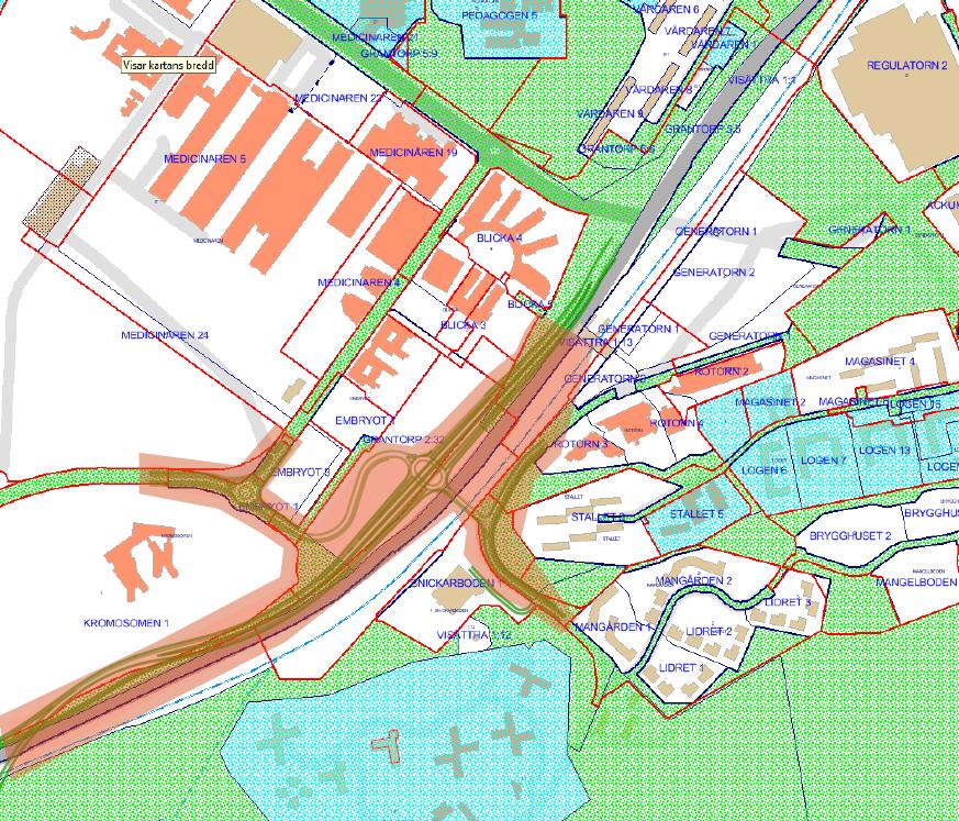 KS 2015-1707 6 (32) Ungefärligt planområdet i rött med fastigheter utmarkerade i blå text med trafikplatsen och anslutande vägar inritade.