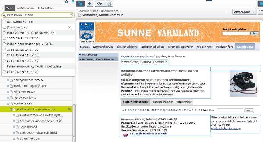 Hitta till en personlig profil sida Ta för vana att alltid ha sidträdet framme när du redigerar kontaktsidor. Då får du en bättre överblick över strukturen och kan enkelt växla mellan kontaktsidorna.