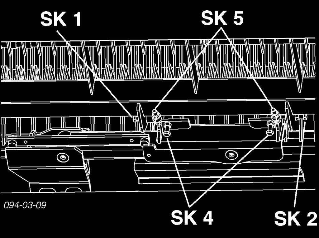 (X = X) Inställning med hjälp av skruv (K-4) på knivbalkens svängningsaxel. Inställning med hjälp av skruv (K-5) på knivbalkens undersida. Inställning 1. Lossa kontermuttrarna (K) 2.