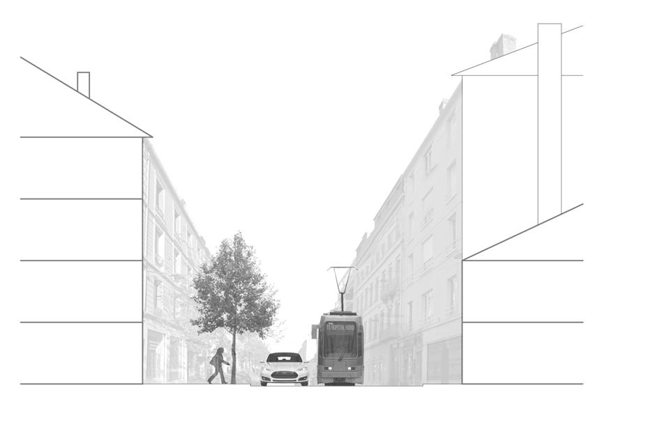 Rue Charles de Gaulle/Rue Camélinat 2 kontext Nästa övergångsställe ligger i en stadsdel med tätlåg bebyggelse. Husen ramar in gatan och ger den rumslighet.