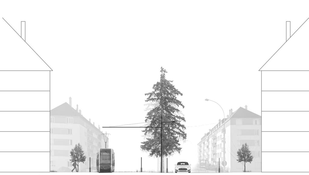 passage Passagen går rätvinkligt över spårvägen, vilket passar väl på denna plats eftersom det samtalar med de tvärgående gatorna som för det mesta rätvinkligt korsar Avenue de l Europe.