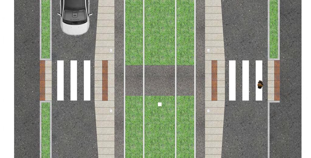 Sektion, se nedan 1 m 2 m 5 m N Figur 72 Passagen på Avenue de la Morliére skala 1:100 Figur 73 Gatusektion över Avenue de la Morliére skala 1:200 Kupolplatta/BEV 0,4 m Trottoarkant 0,5 m Vita linjen