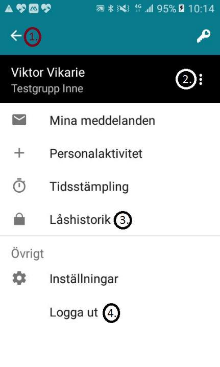 12. Förklaring av symboler i TES app 1. Gå tillbaka till den föregående vyn 2. Välj ny hemtjänstgrupp 3. Här kan du se dina öppningar och låsningar 4. Här loggar du ut ur TES app 5.