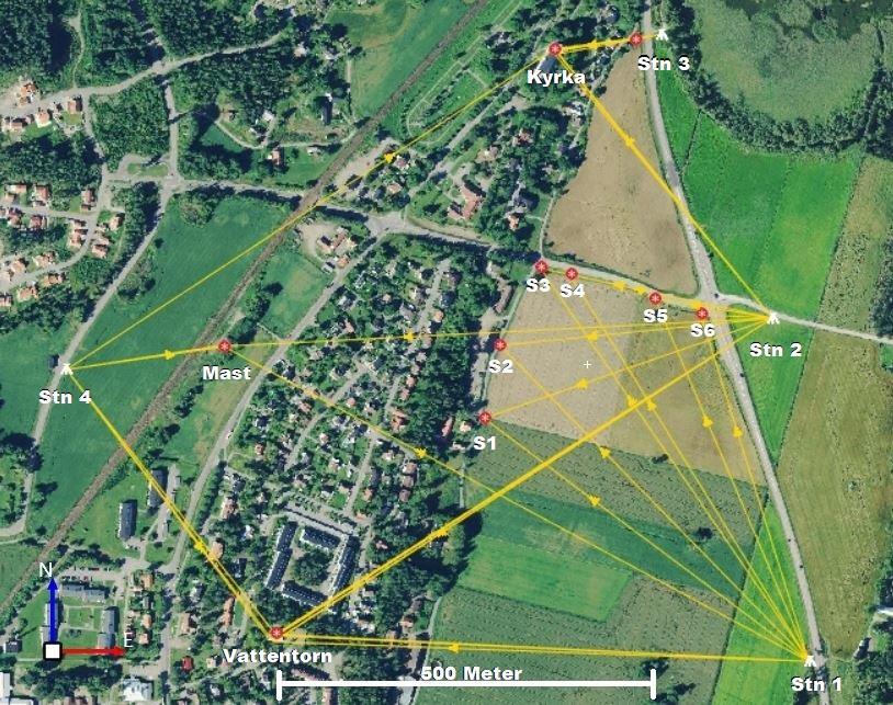 Strax sydost om Hille kyrka fanns goda förutsättningar att genomföra testerna på längre avstånd då området öster om kyrkan och vattentornet är helt öppet på grund av jordbruksmark (se figur 4b).