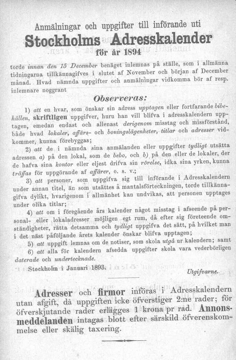 Anmälningar och uppgifter till införande uti Stockholms ;..Adresskalender rör år 1894: Ut[1ifvarne.