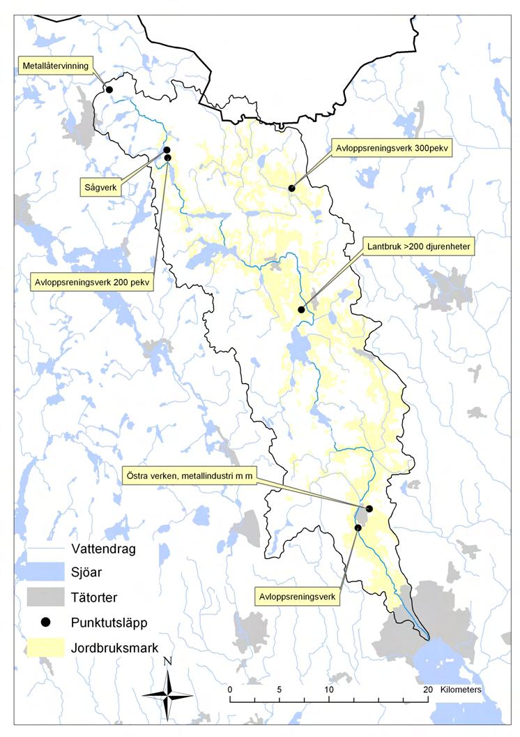 Figur 2. Större punktkällor samt jordbruksmark i Svartåns vattensystem.