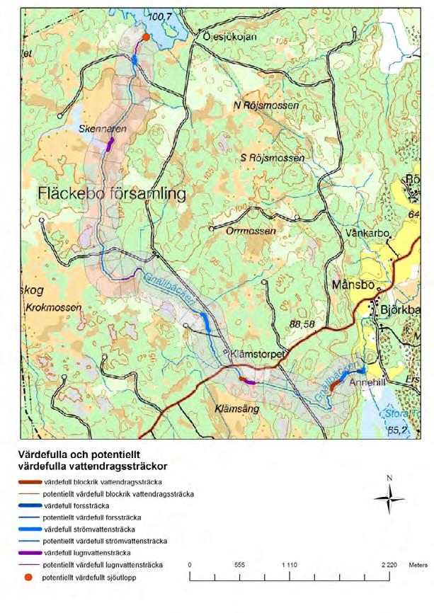 Figur 9. Värdefulla och potentiellt värdefulla vattendragssträckor i Gnällbäcken, Svartåns vattensystem.