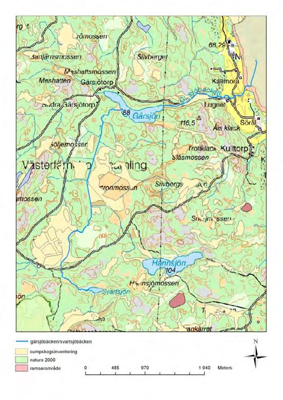 till bäcken, t ex från Gärsjöns utlopp och knappt en kilometer nedströms samt i anslutning till en stor del av