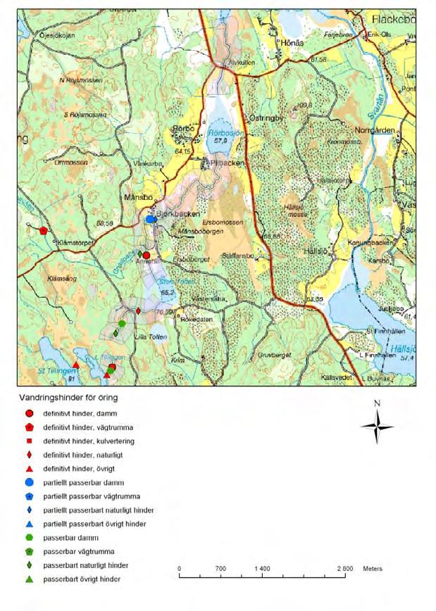 Fyra definitiva vandringshinder för öring påträffades (figur 19), de bestod av två dammar, ett naturligt hinder och ett övrigt hinder.