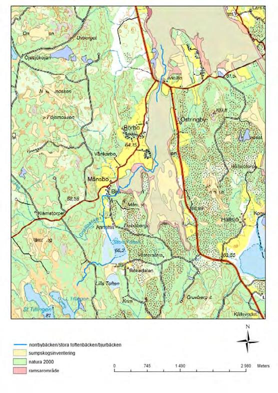 Kända naturvärden i anslutning till bäcken Norrbybäcken rinner längs en ganska lång sträcka genom Ramsarområdet Svartåområdet Fläcksjön-Gussjön och ungefär samma våtmarksområde ingick även i