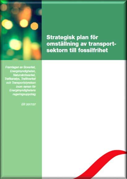 Strategisk plan för omställning av transportsektorn till fossilfrihet Sex myndigheter Alla trafikslag Mål i klimatpolitiskt ramverk utgångspunkt - 70% till 2030-100% till 2045 Viktiga principer för