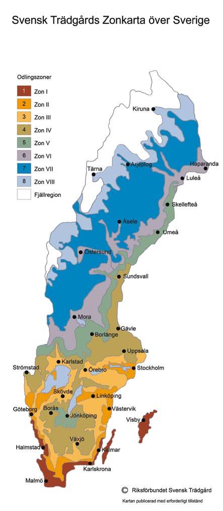 Svensk Trädgårds Zonkarta över Sverige