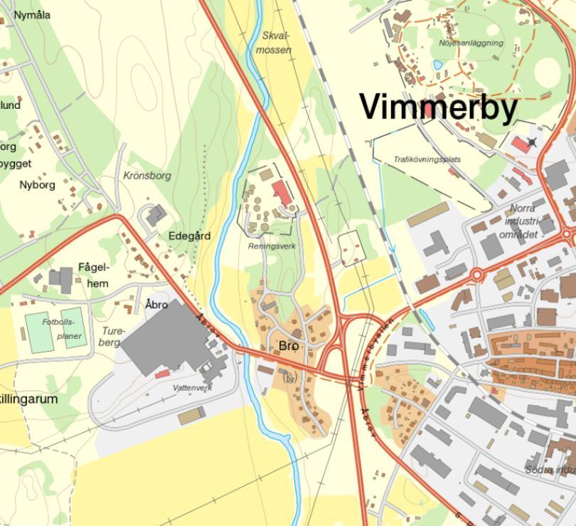 4 LOKALISERING Avloppsreningsverket är beläget på fastigheten 3:254 som ligger invid Stångån strax väster om Vimmerby tätort. Se även markering i karta i figur 5. Reningsverk Rv 23/34 Figur 5.