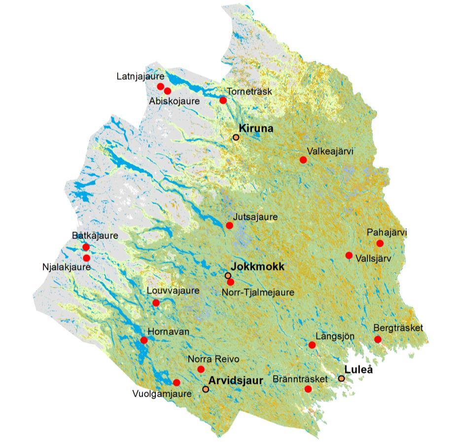 Figur 1. Sjöar inom nationell och regional miljöövervakning i Norrbottens län. Lantmäteriet Geodatasamverkan Tabell 1. Stationslista för sjöar.