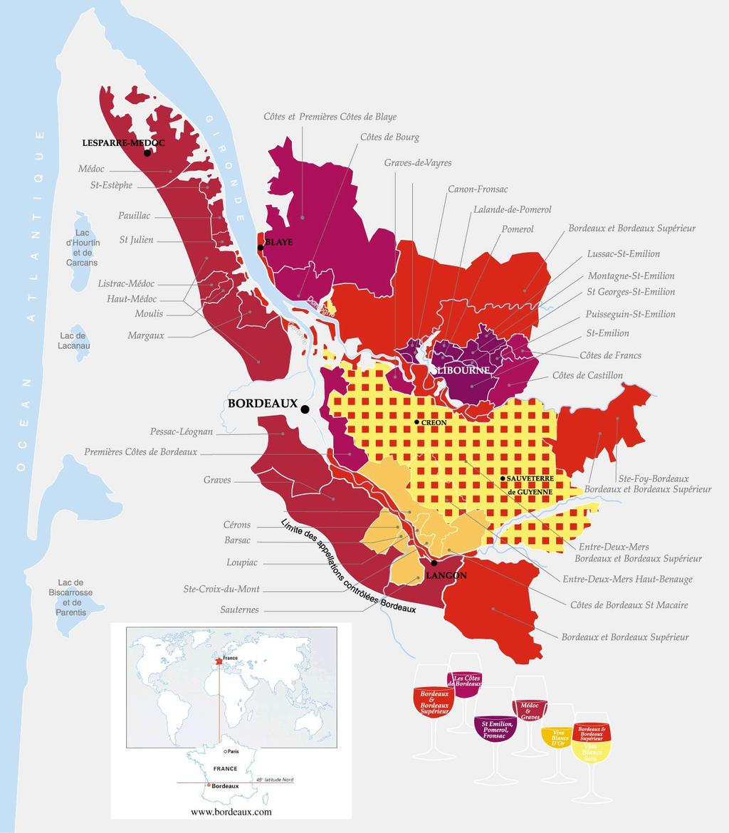 VINERNA I BORDEAUX Bordeaux ligger i sydvästra Frankrike. Det är både namn på huvudorten i Gironde och på vinregionen. Vinet sysselsätter direkt och indirekt 55 000 personer.