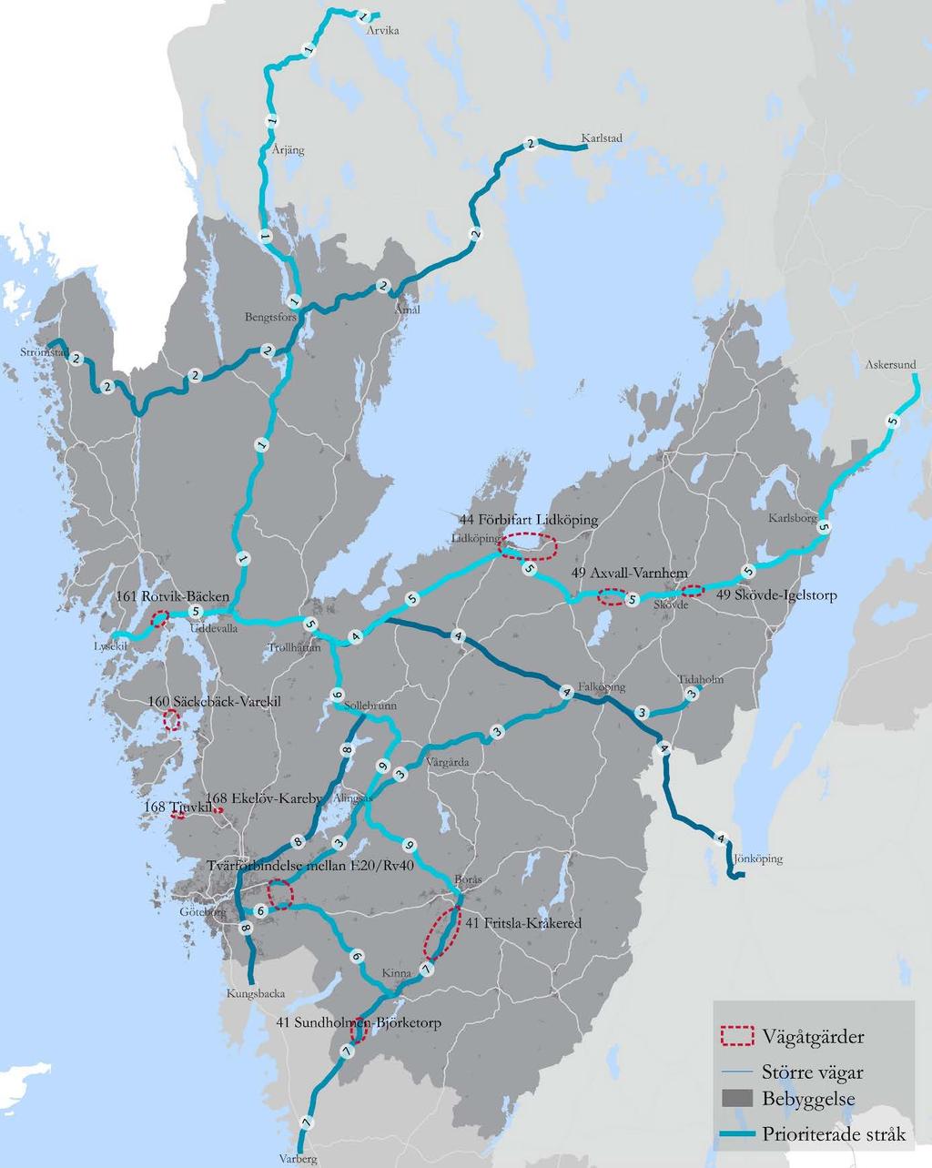 Figur 13. Karta över regionala vägåtgärder 2018 2029. Källa: Lantmäteriet, OpenStreetMaps bidragsgivare 6.1.4 Smärreåtgärder Potten Smärreåtgärder är avsedd för riktade trafiksäkerhetsåtgärder, framkomlighet och trimningsåtgärder.