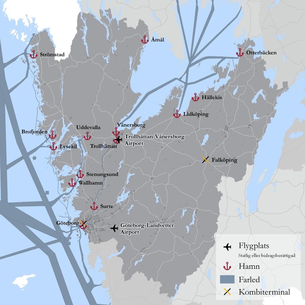 Karta över flygplatser (statlig eller bidragsberättigad), hamnar och kombiterminaler från Godstransportstrategin samt Trafikverkets