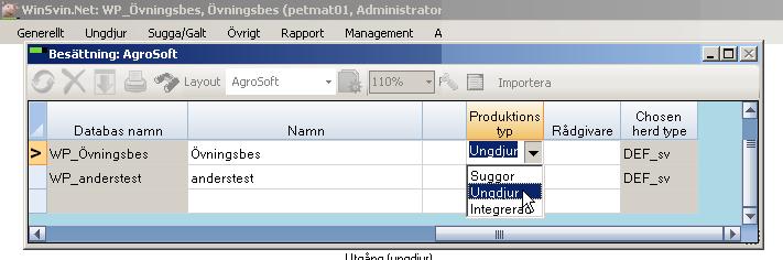 Produktionstyp Under menyvalet Generellt, Besättning skall nu anges vilken produktionstyp besättningen har. I WinPig Slakt är produktionstypen Ungdjur.
