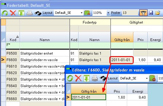 xml Bild 5. Hämta Fodertabell Energiinnehåll och pris I fodertabellen finns från början inga energiinnehåll eller priser. Energiinnehållet läggs in manuellt i fodertabellen för de foder man använder.