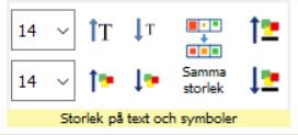 Ändra storlek på symboler och text Angående storlek för symbol och text Symbolstorleken förhåller sig relativ till textstorleken, så att symbolstorlek 14 ska passa bra tillsammans med textstorlek 14.